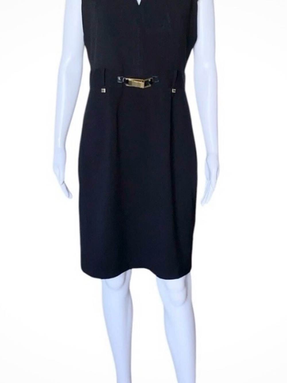 Calvin Klein Black Sleeveless Mini Dress with Gold Buckle Accent